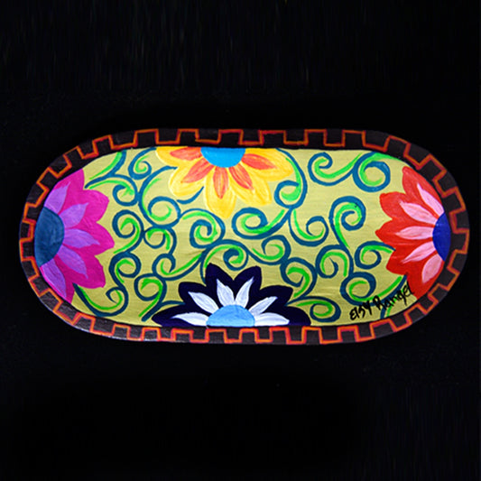 Tropical Flowers Hand-Painted Carved Wood Batea Tray